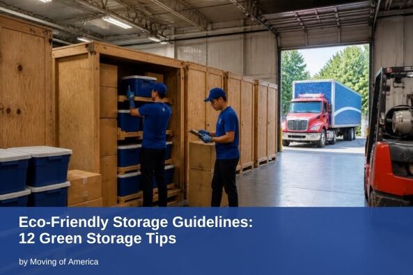 Movers organizing reusable blue bins in warehouse vaults for eco-friendly storage
