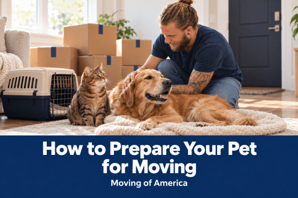 Owner with a dog and cat beside a carrier and boxes, showing how to prepare your pet for moving